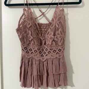 Free People Lace Crochet Top in Dusty Rose